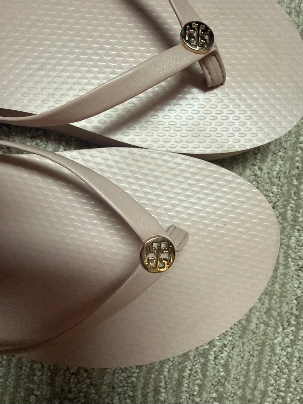 Tory Burch Pale Pink Gold Logo 1” heel Flip Flops